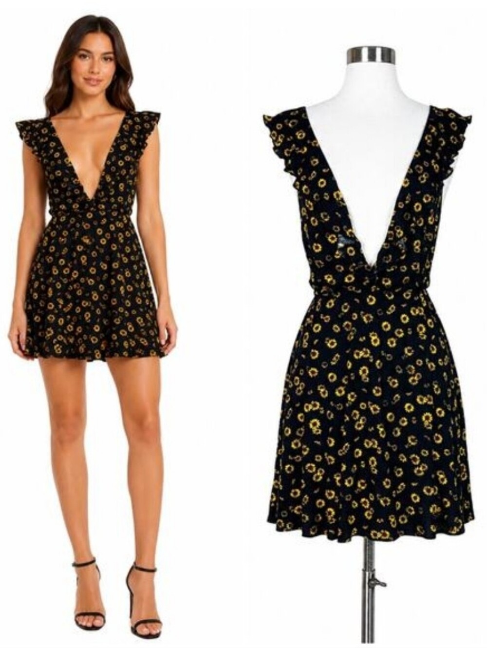 Reformation | Sunflower Print Open Back Ruffle Mini Dress Black Yellow Small S